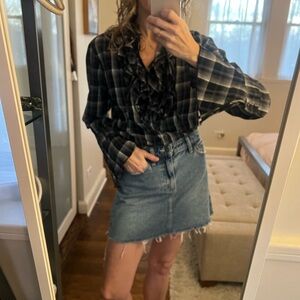 Cino Blue Plaid Ruffled Neck Cotton Crinkled Blouse Sz L